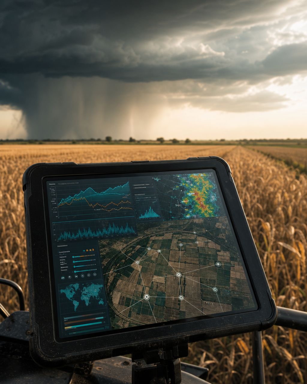 Data-backed procurement dashboard in a field under a volatile climate sky