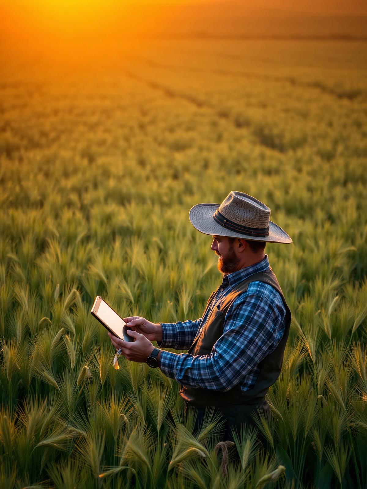 Farmer with tablet in wheat field at golden hour